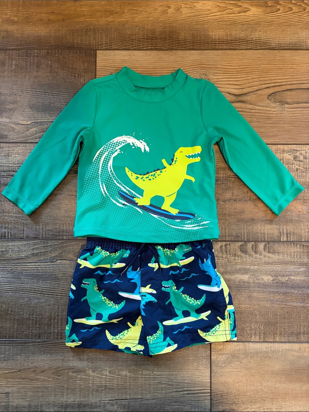Carter's Teal & Neon Yellow Dino Surf Rashguard Set